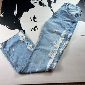 Zara Light Blue Distressed Straight Leg Jeans